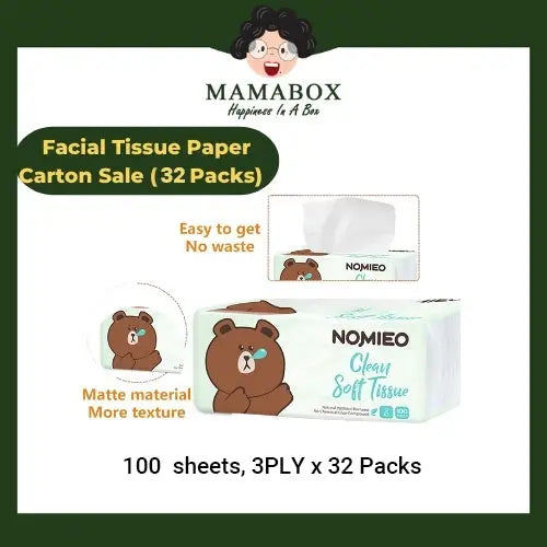 [Carton Sale] NOMIEO Facial Tissue Paper 100 sheets, Smooth Feel Cleansing Cotton Disposable 3PLY x 32 packs - mamabox.sg