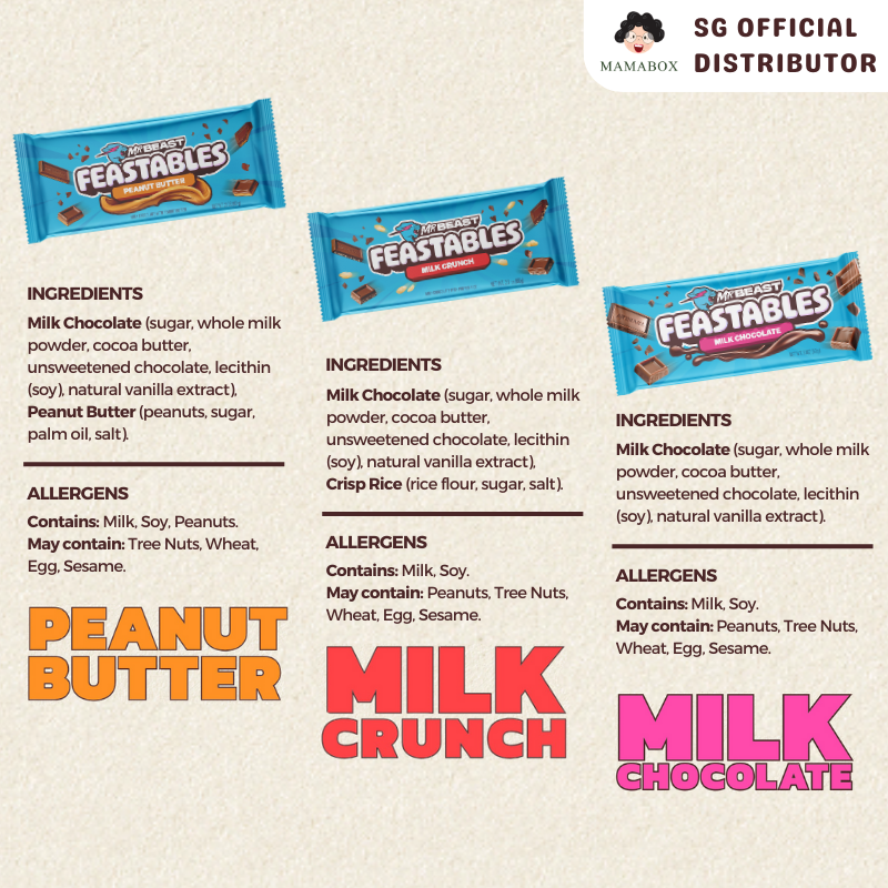 [New] Sampler Pack 60g - Feastables MrBeast | Milk Chocolate + Crunch + Peanut Butter (6 Count)