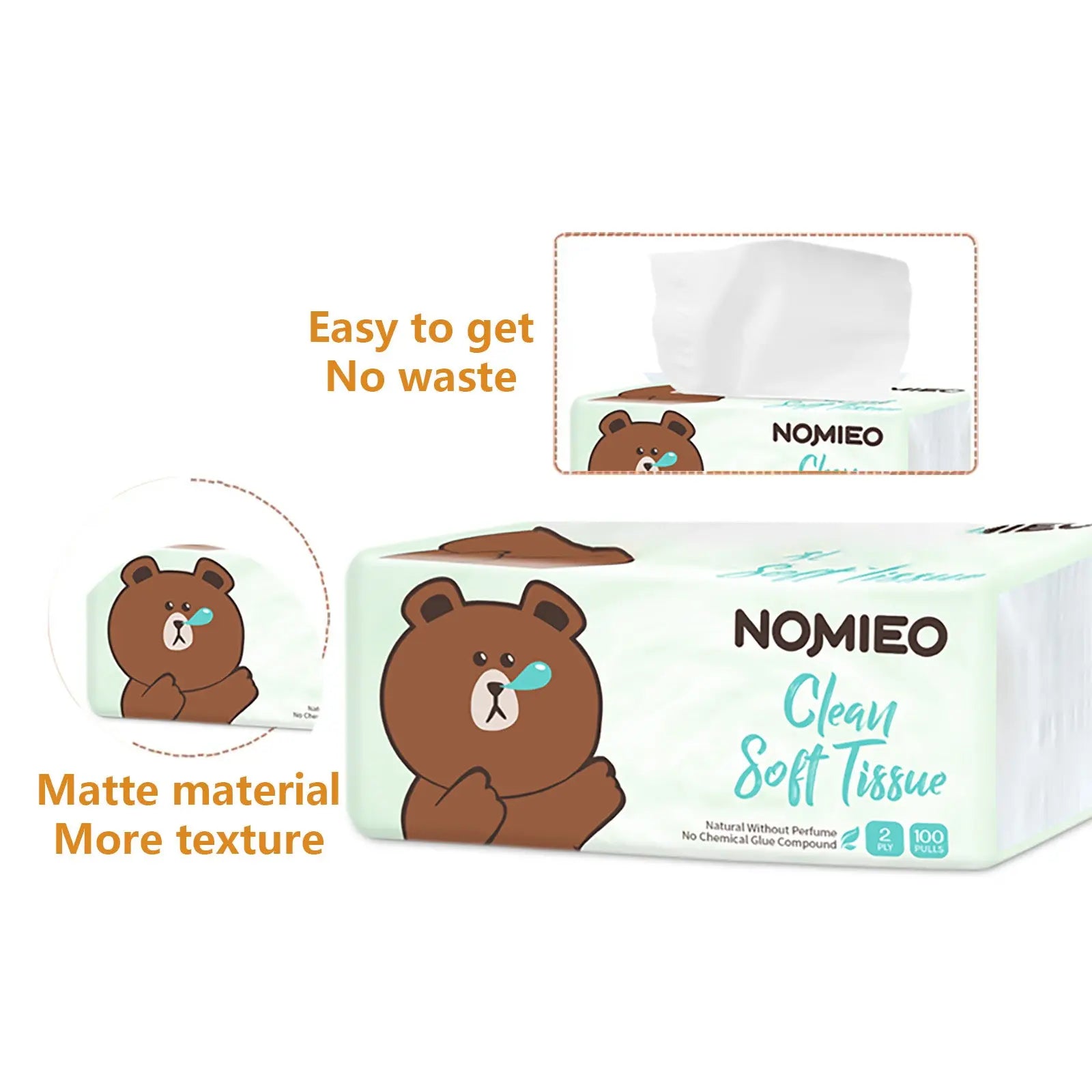 [Carton Sale] NOMIEO Facial Tissue Paper 100 sheets, Smooth Feel Cleansing Cotton Disposable 3PLY x 30 packs - mamabox.sg